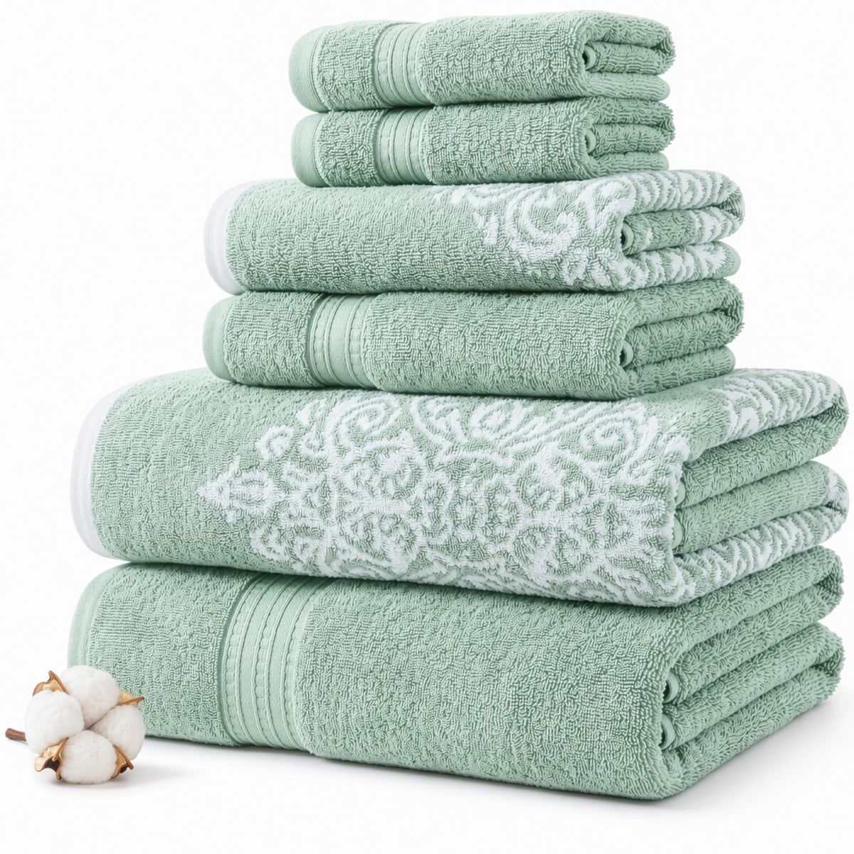 Modern Threads front view of sage 6-piece towel set showing coordinated look and absorbency