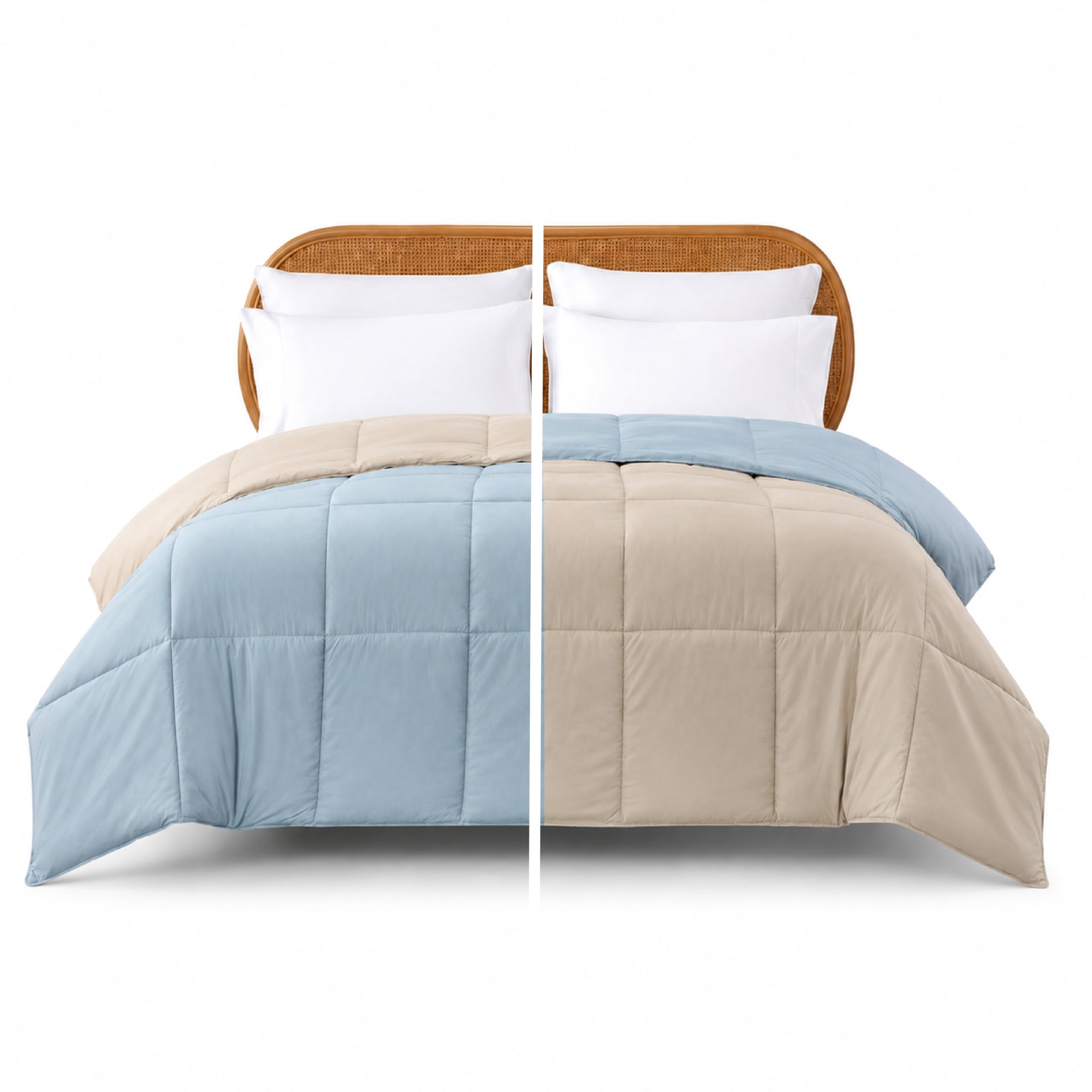 Modern Threads front view of twin comforter showing reversible beige and light blue benefits