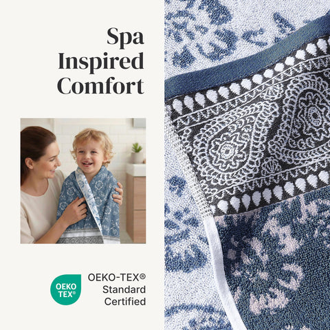 Modern Threads hand towel and washcloth beside sink, demonstrates daily utility