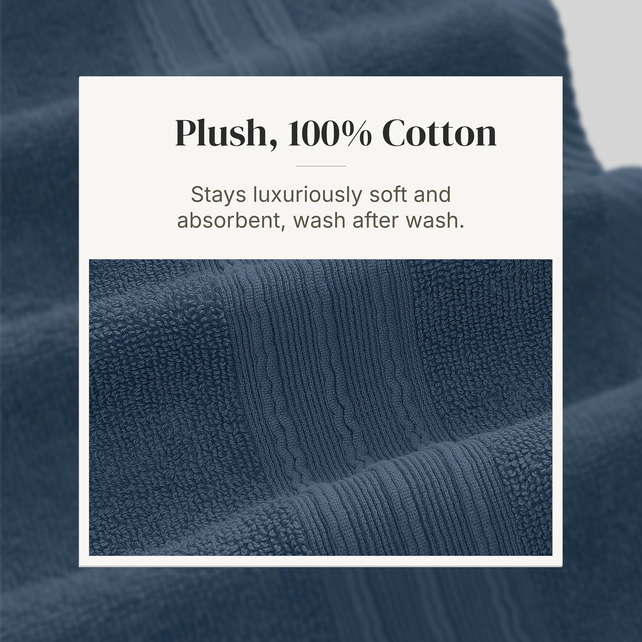 Modern Threads styled in bathroom on towel bar, adds decorative navy accent