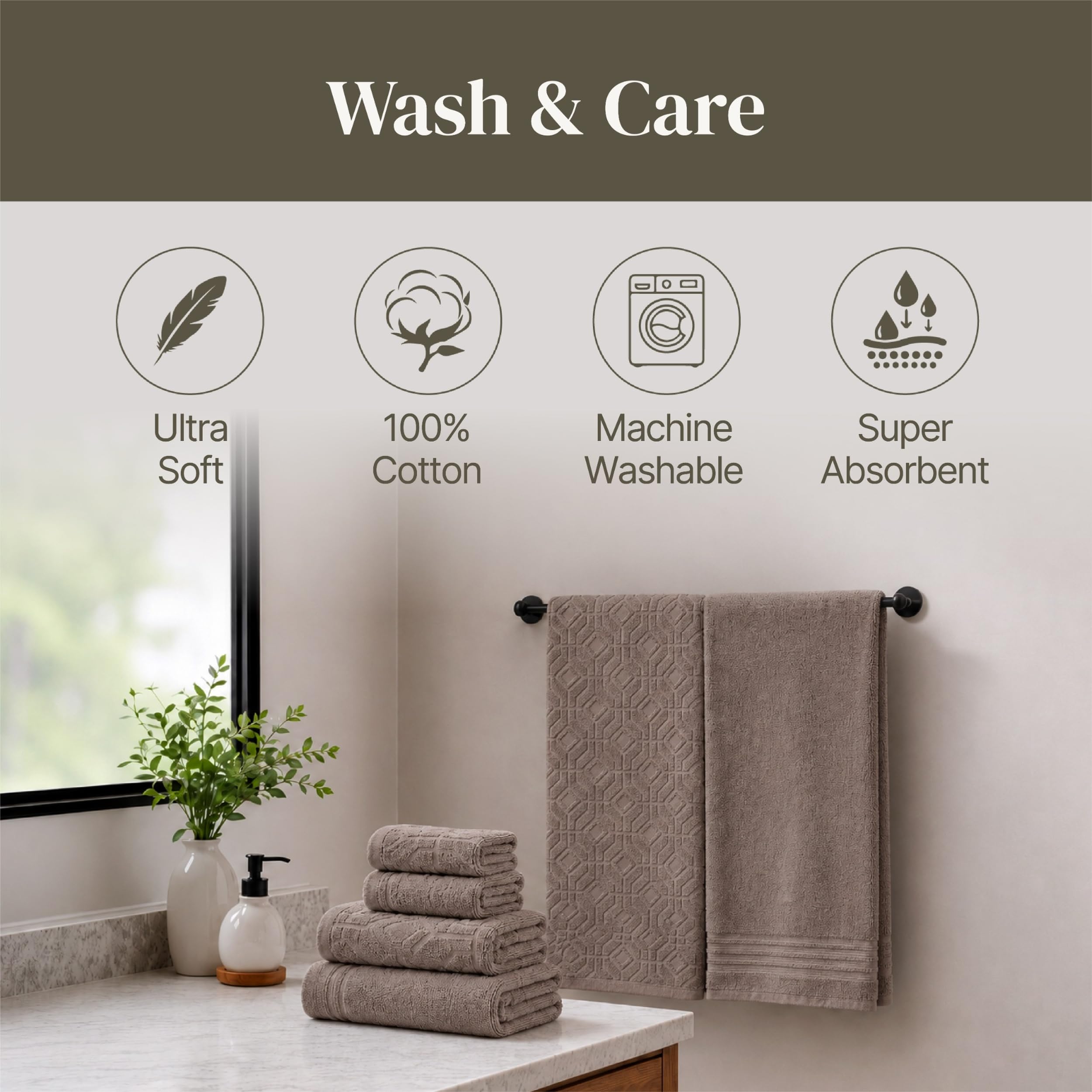 Modern Threads styled bathroom scene with towels on rack showing modern decor compatibility