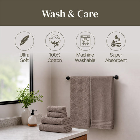 Modern Threads styled bathroom scene with towels on rack showing modern decor compatibility