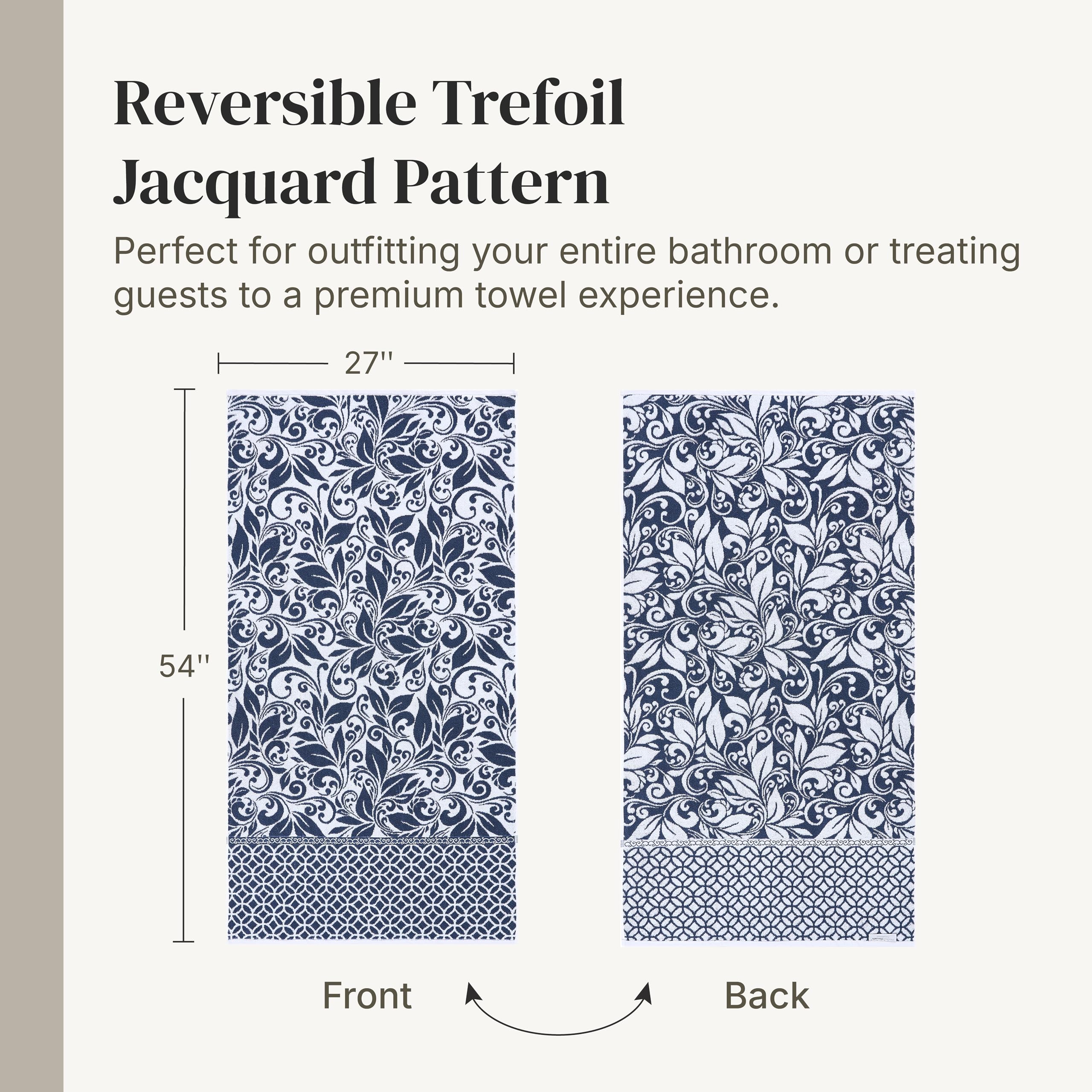 Modern Threads navy towels styled on bathroom shelf adding decorative coordinated appeal