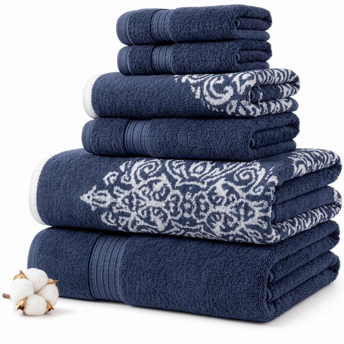 Modern Threads navy front view showing full towel set and pattern benefit
