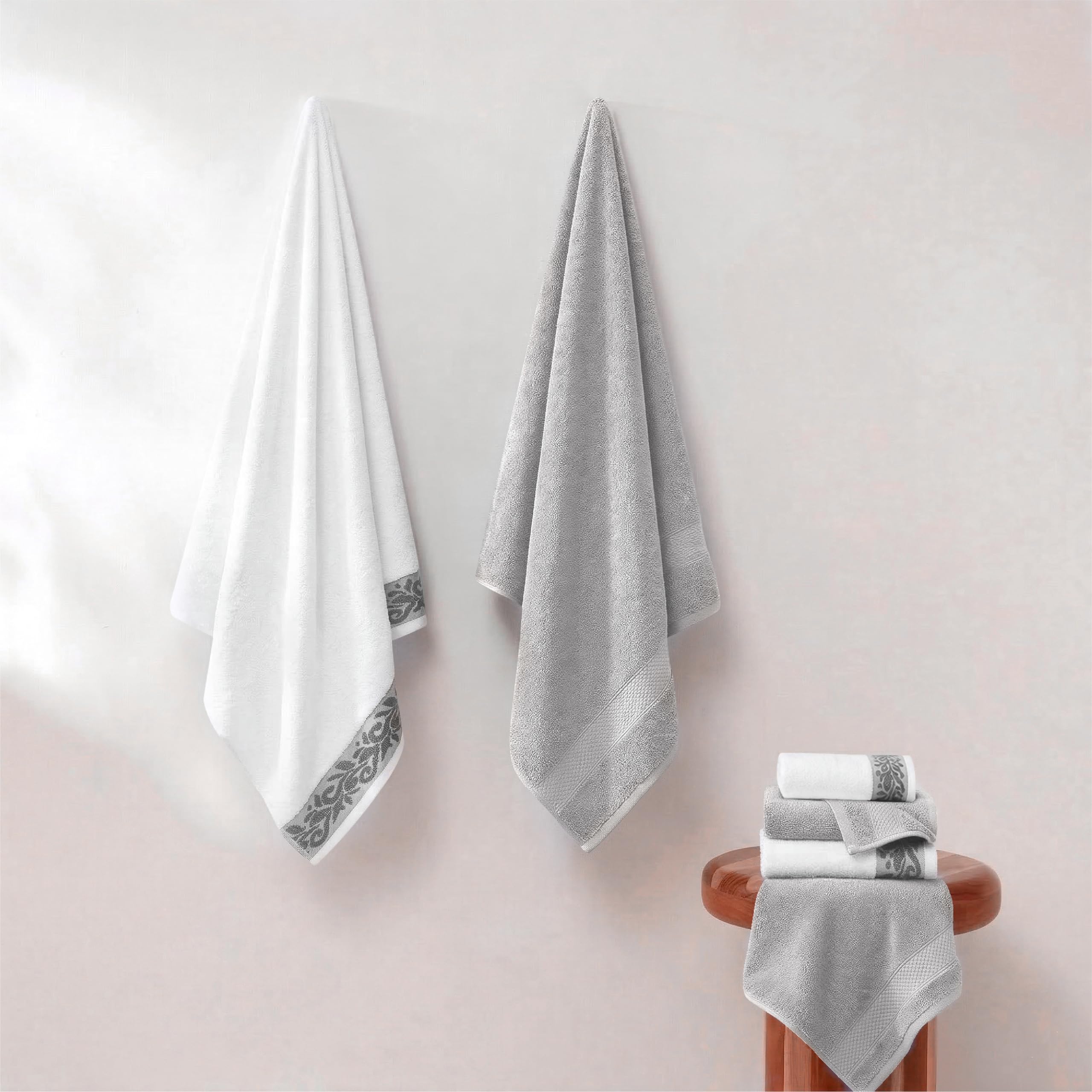 Modern Threads towels on bathmat for scale showing true towel dimensions