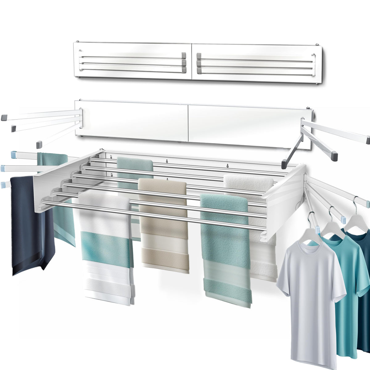 MODERN-X front view of mounted rack showing compact space savings and neat storage