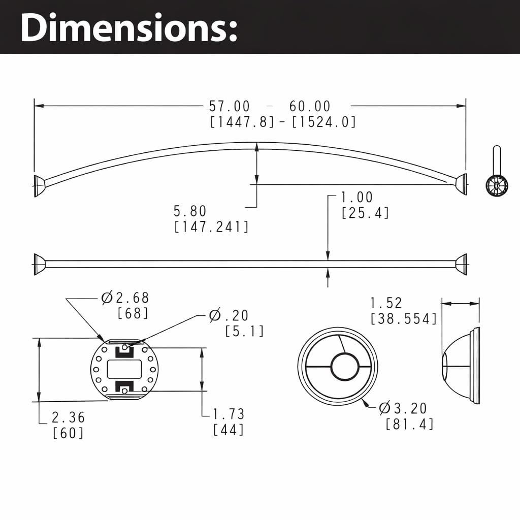Moen curved rod side profile highlighting curved shape for improved elbow room