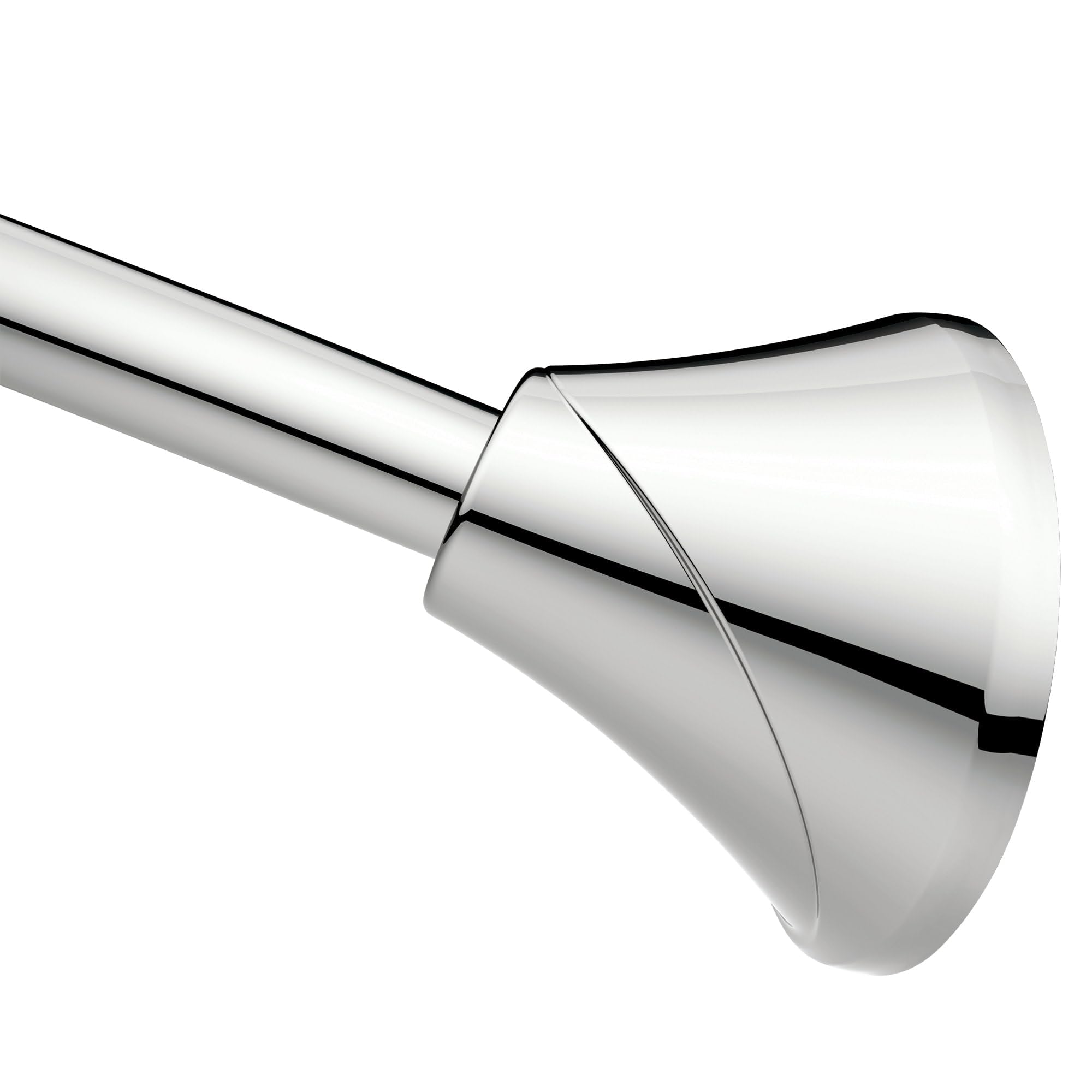 Moen curved rod front view showing chrome sleek look and extra shower space