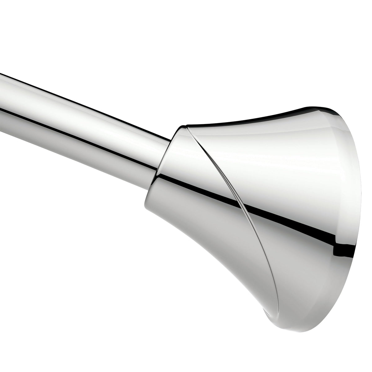 Moen curved rod front view showing chrome sleek look and extra shower space