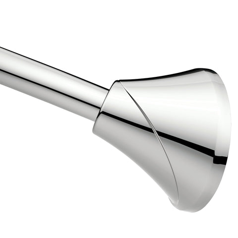 Moen curved rod front view showing chrome sleek look and extra shower space