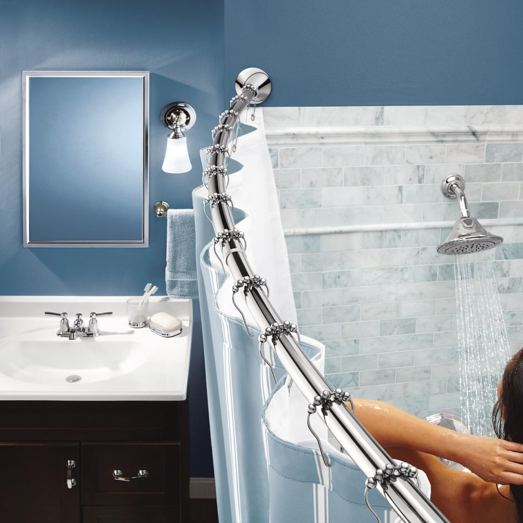 Moen curved rod size comparison with measuring tape showing fit range 57–60 inches