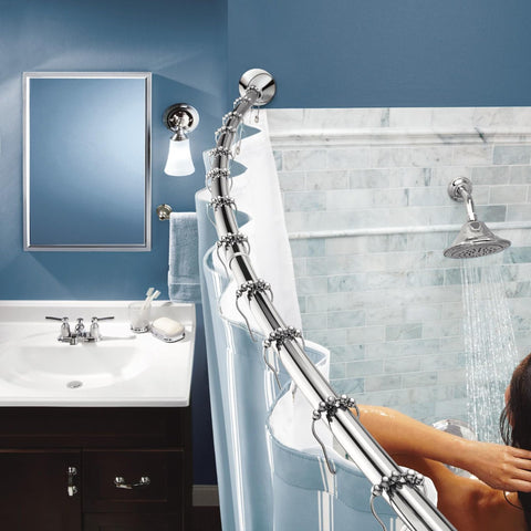 Moen curved rod size comparison with measuring tape showing fit range 57–60 inches