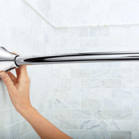 Moen curved rod tension adjustment closeup showing secure, drill-free fit