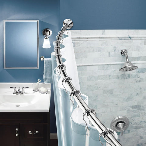Moen curved rod on slightly angled wall demonstrating pivot flange alignment benefit