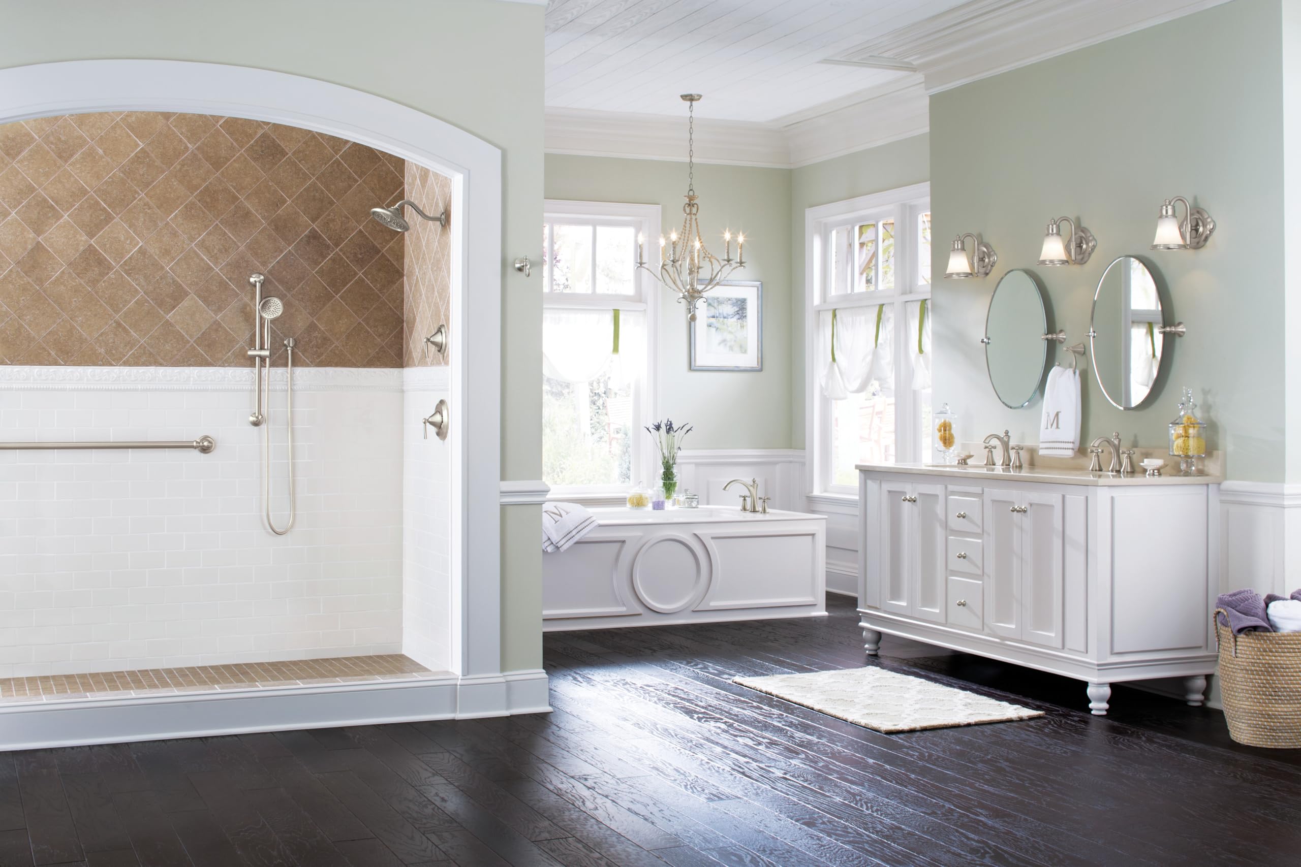 Moen Glenshire next to sink for scale showing how 26x22 inch mirror fits standard vanities