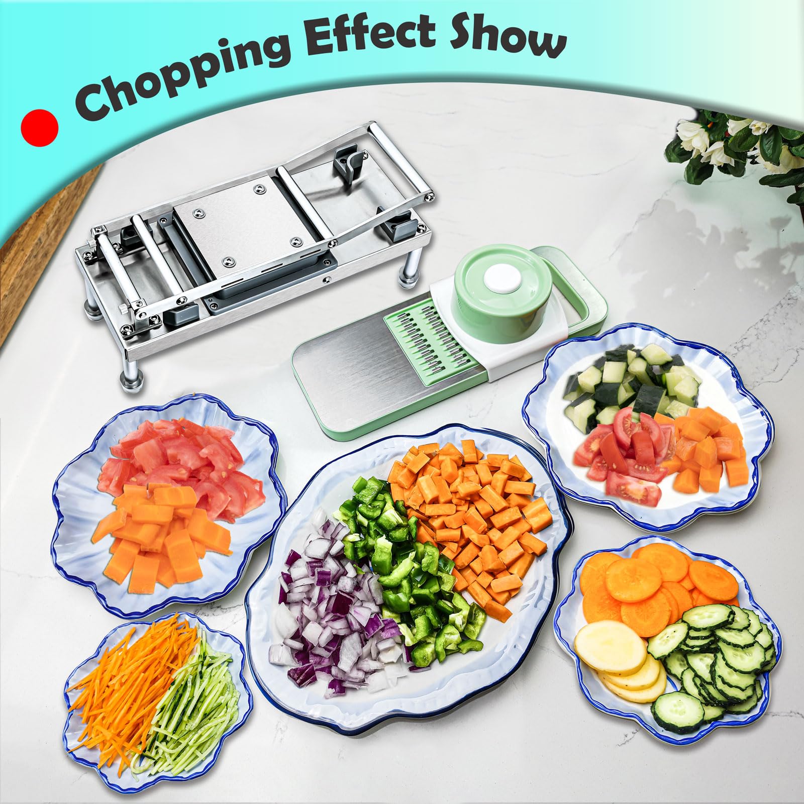 Moeuonb chopper in use dicing an onion for faster, consistent prep