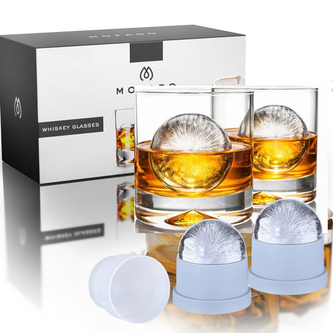 Mofado front packaging showing two glasses and two ice molds, gift-ready appeal