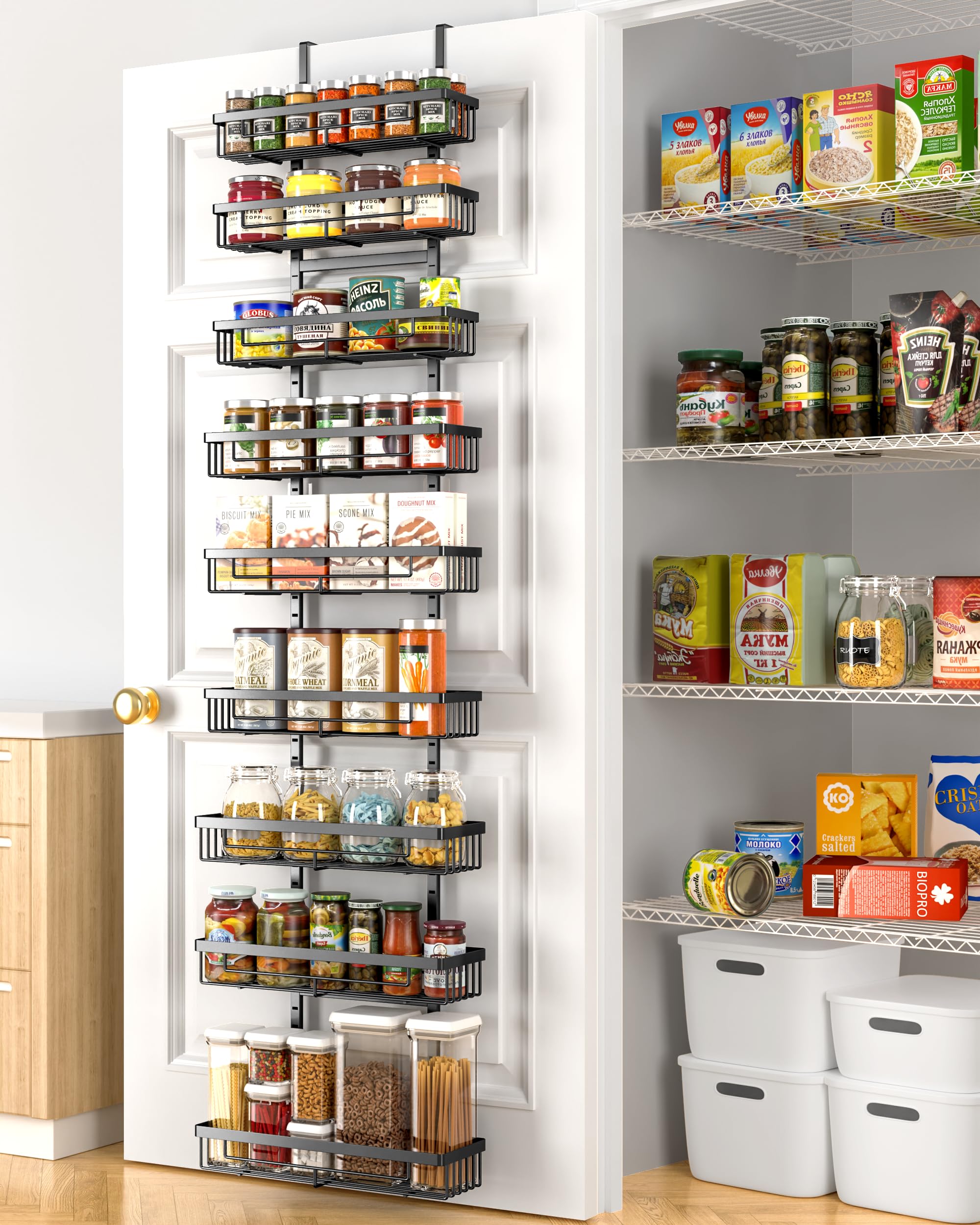 Moforoco front view of black over-the-door pantry organizer showing full nine tiers and neat storage benefit