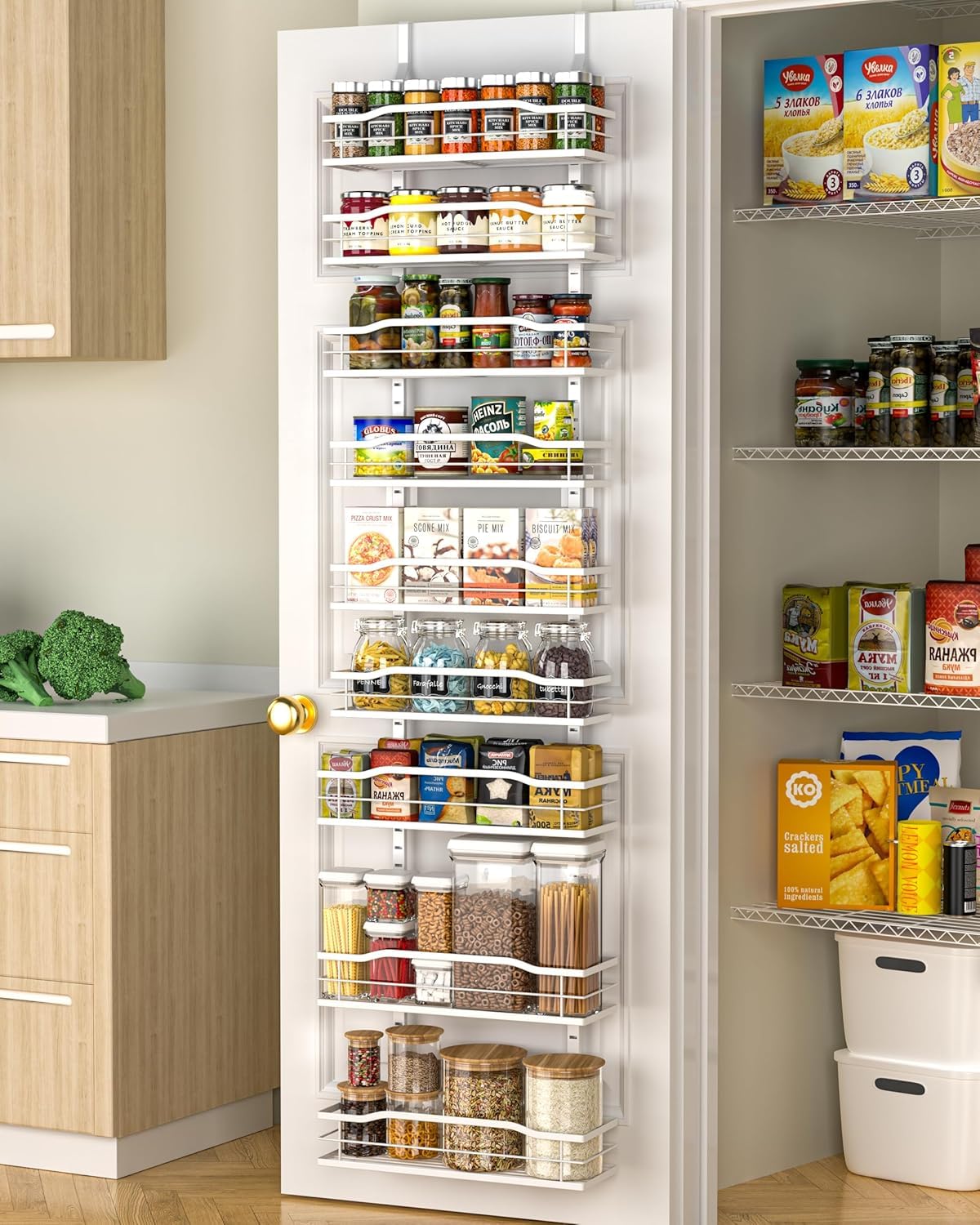 Moforoco front view of white 9-tier over-the-door pantry organizer showing space-saving benefit