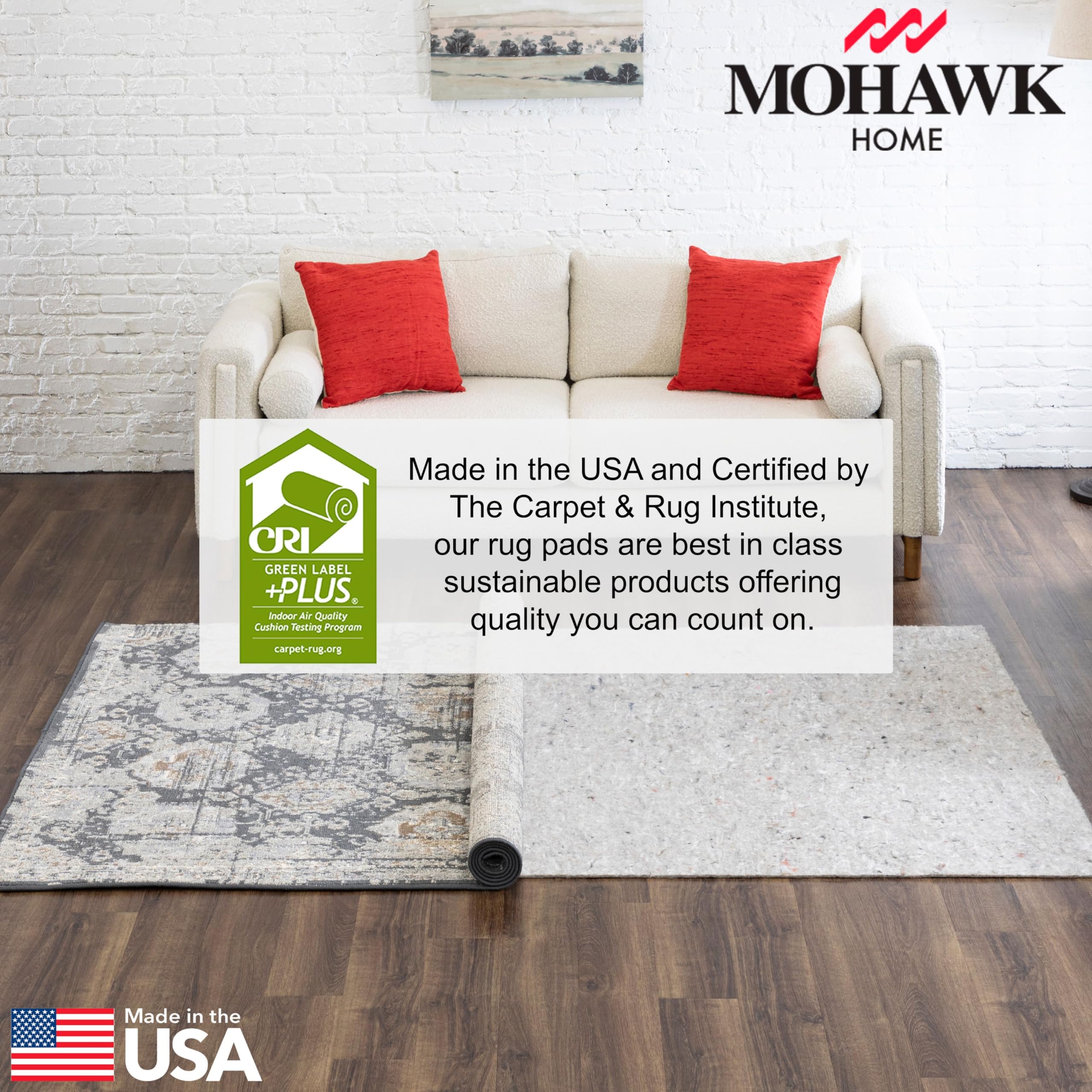 Mohawk Home layered rug and pad cross-section showing added insulation benefit
