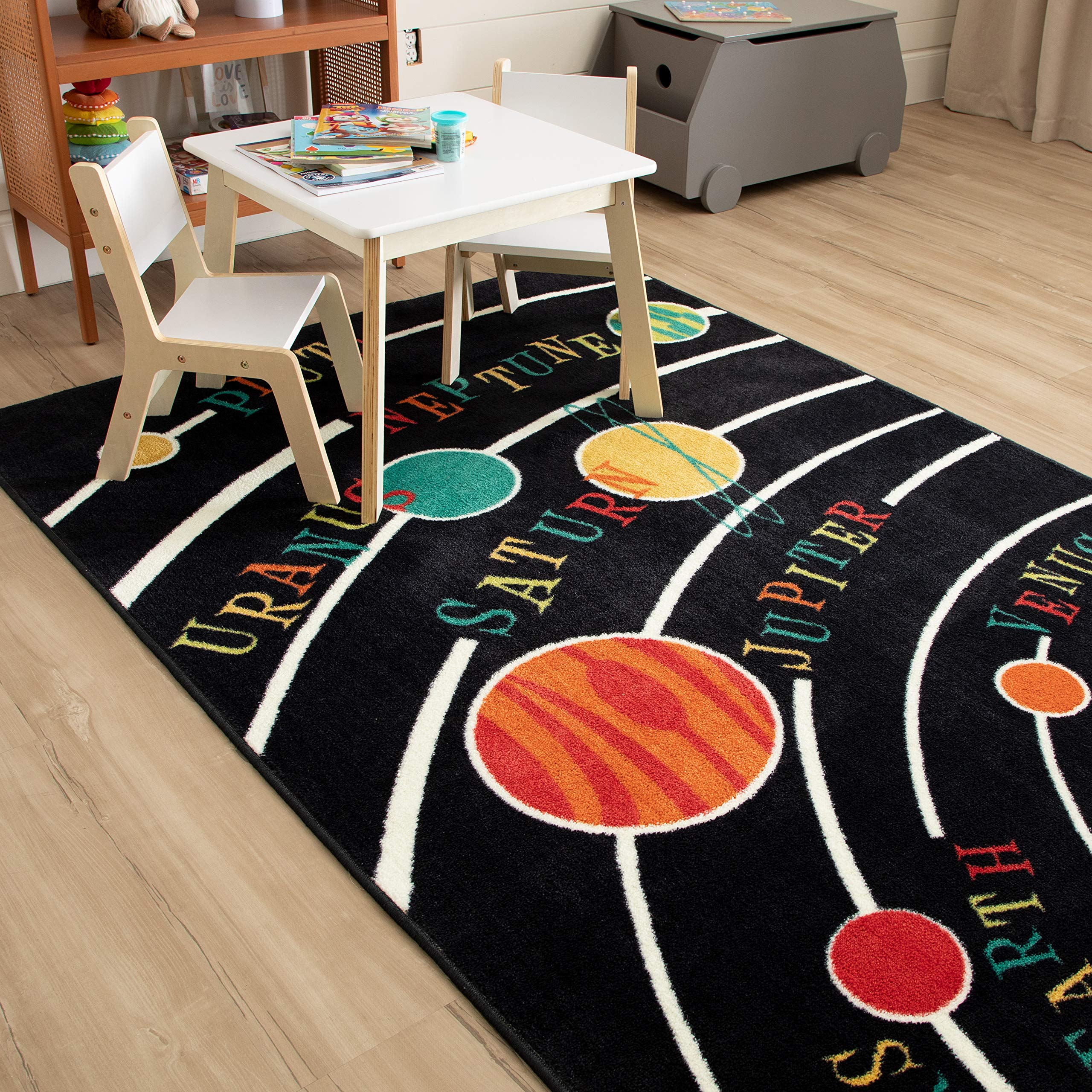 Mohawk Home front view of Solar System rug showing planets and size benefit
