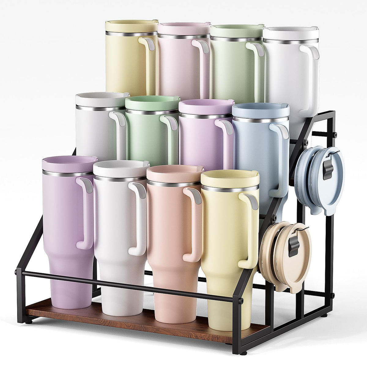 MOJOHAND front view of 3-tier rack showing tidy cup storage and improved counter organization