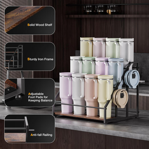 MOJOHAND shelf railing close-up showing anti-fall feature that secures tumblers