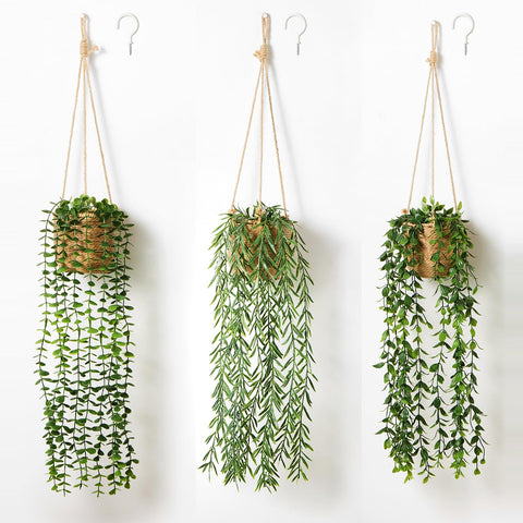 Mokof front view of three hanging plants in baskets showcasing instant greenery