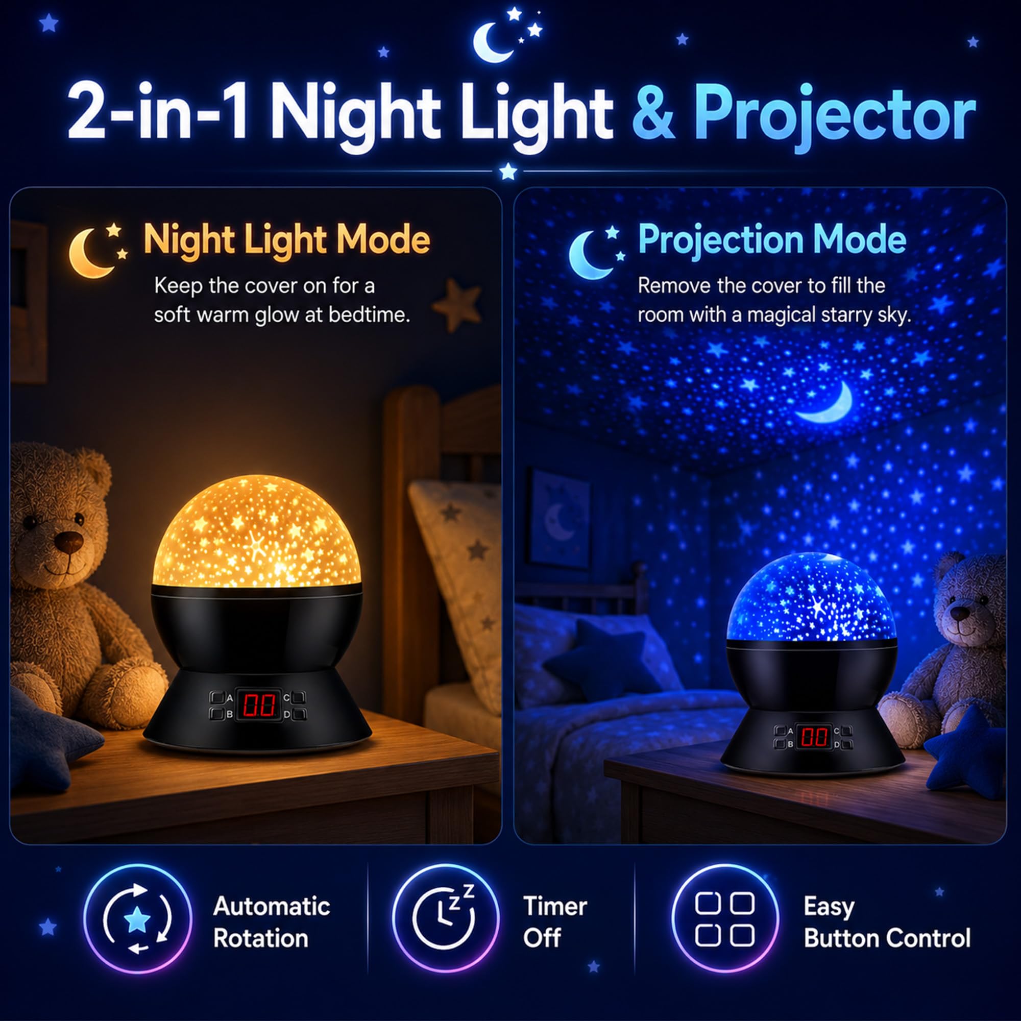 MOKOQI close-up of buttons and timer making nightly routines easier for parents