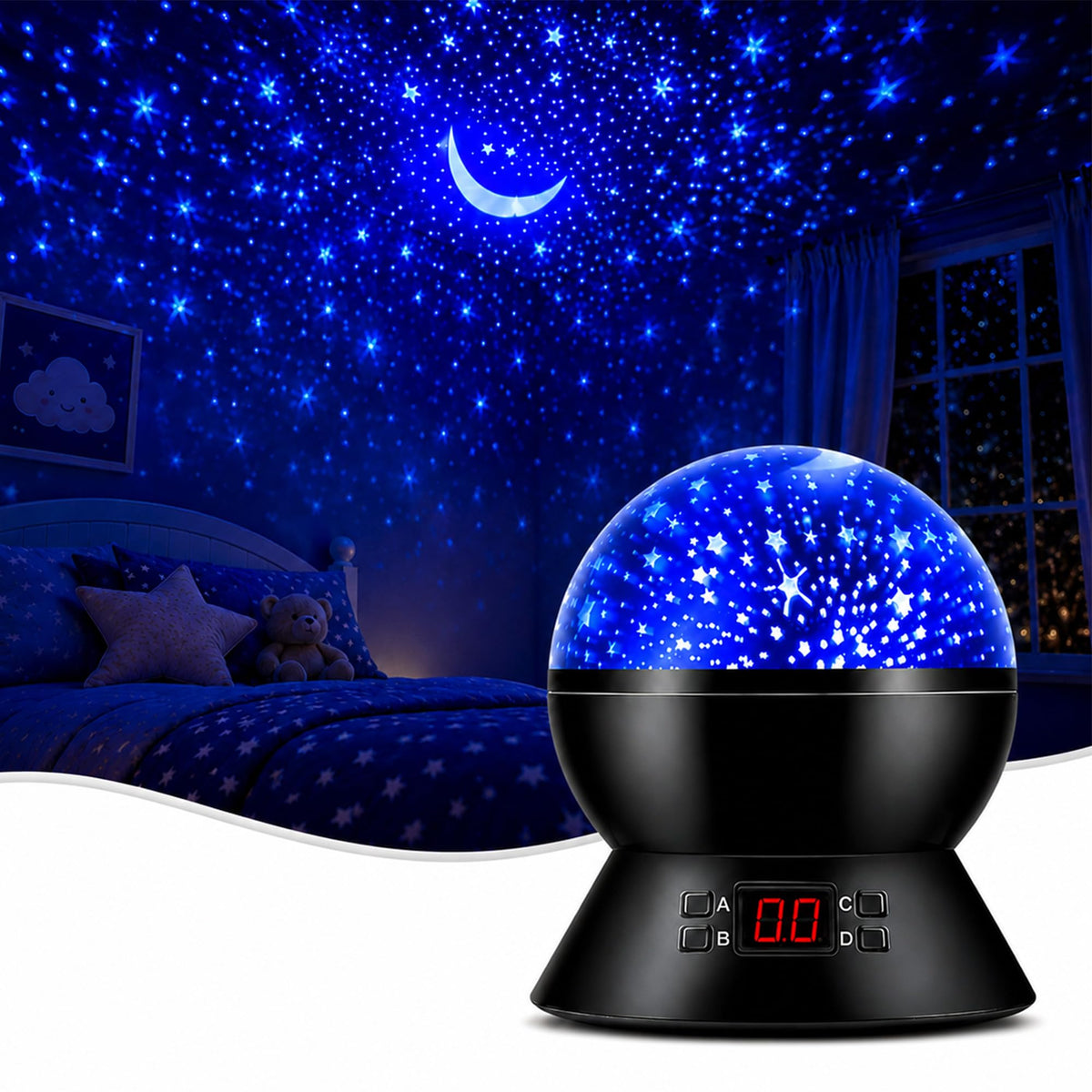 MOKOQI front view showing compact projector and clear star output for soft bedtime lighting