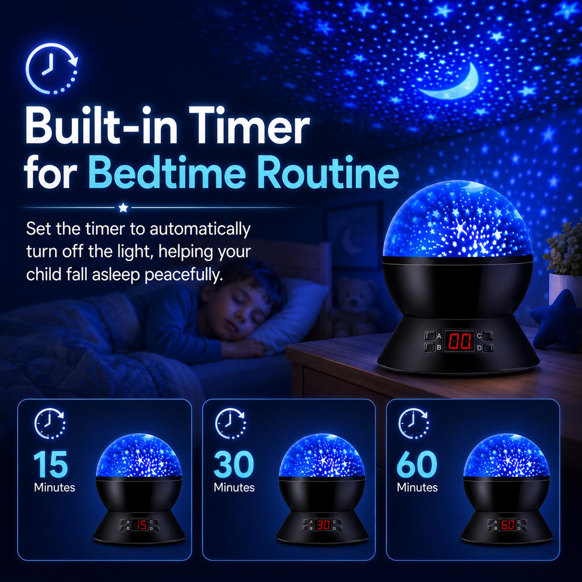 MOKOQI on nightstand in a child's room creating calming star ambiance during story time