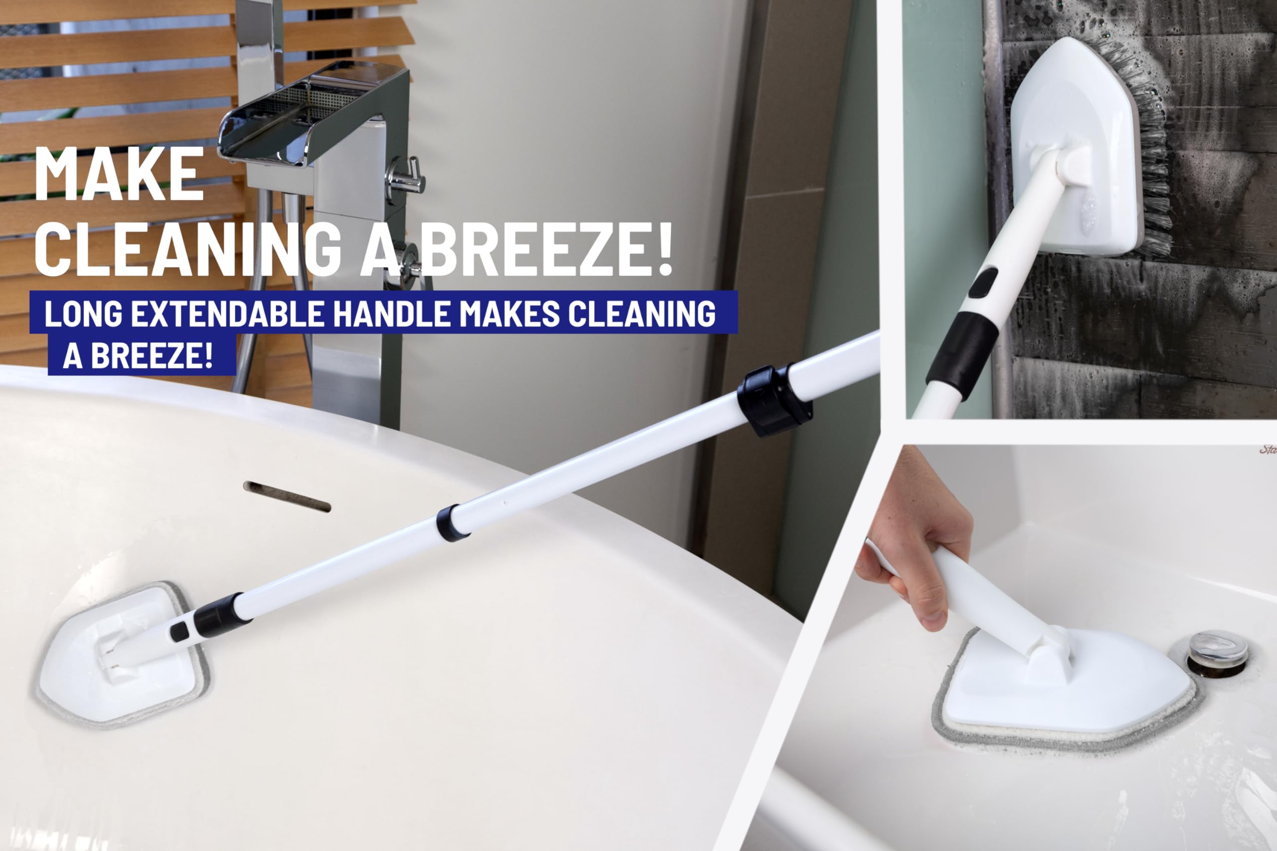 Moku Home scrubber in use cleaning tub and tile to save effort