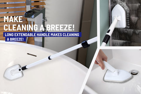 Moku Home scrubber in use cleaning tub and tile to save effort