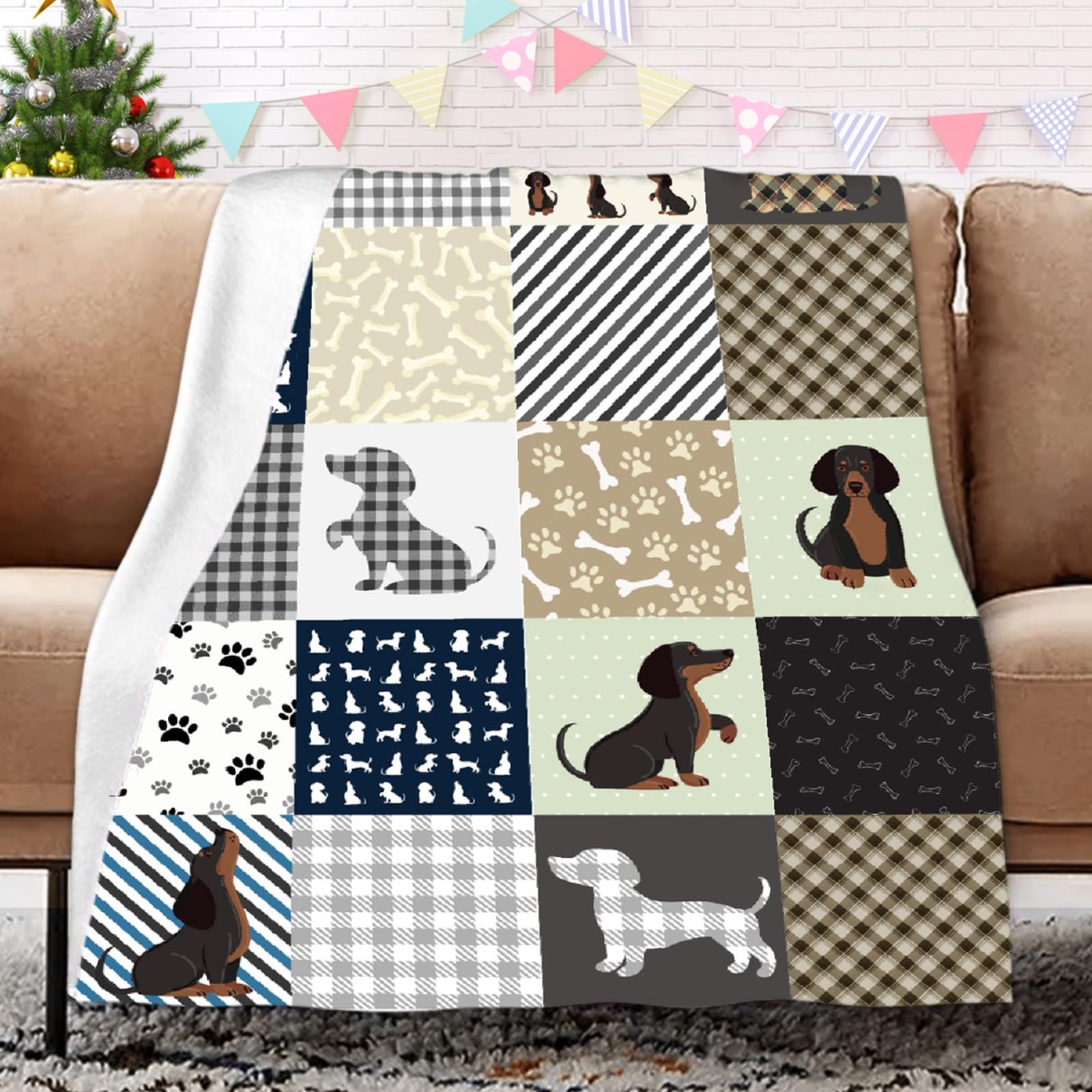 Mokukenren front view dachshund blanket showing full pattern and colors, cozy appeal