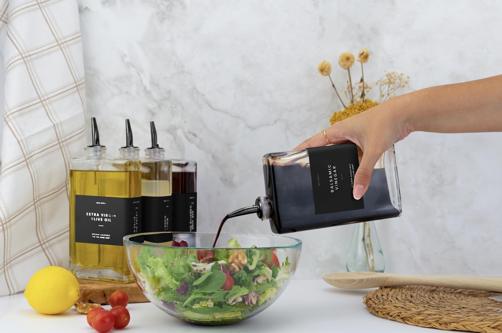 Molimoli bottles on kitchen table styled for serving that enhances countertop aesthetics