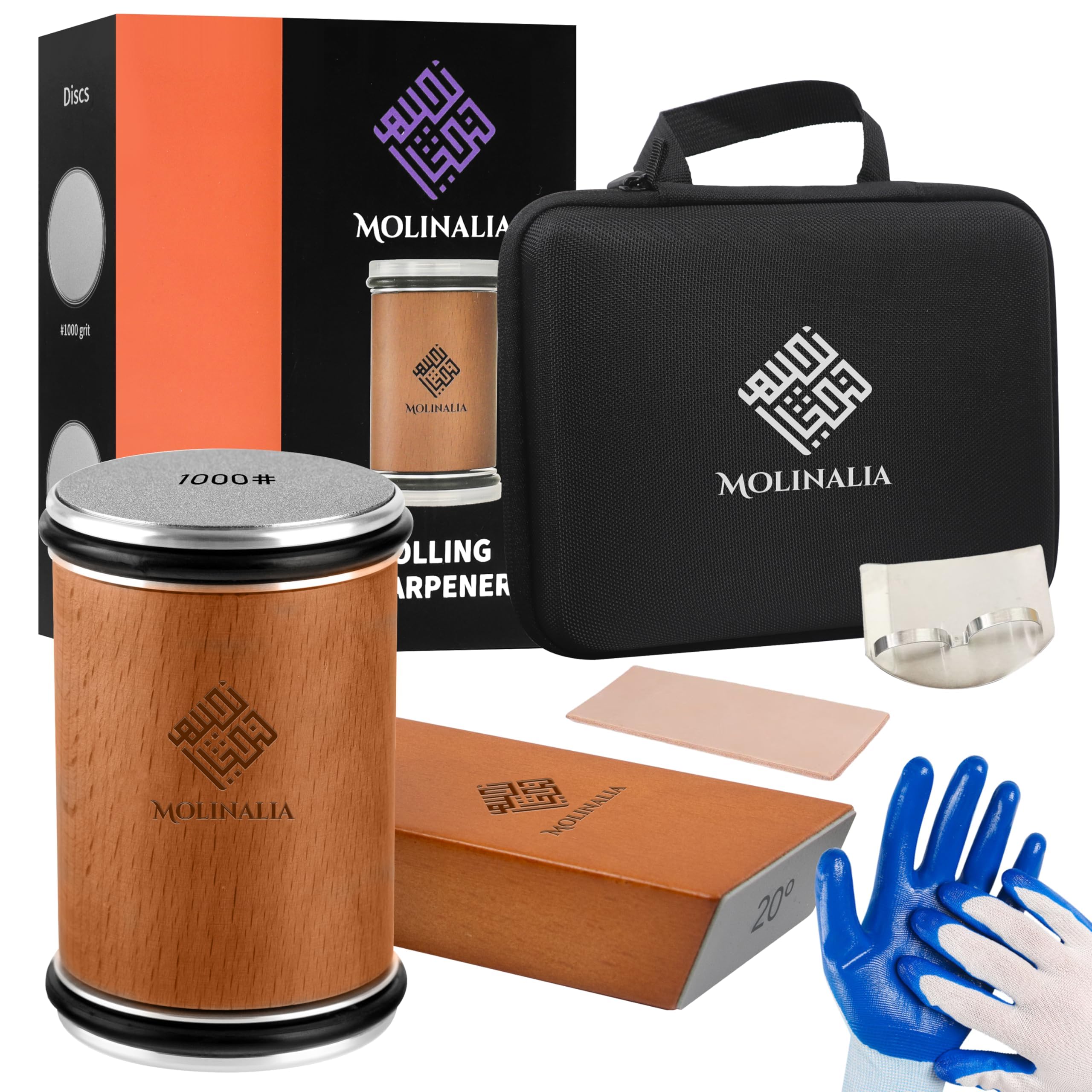 MOLINALIA front view showing compact roller sharpener and easy grip benefit