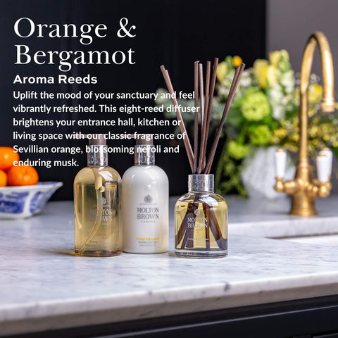 Molton Brown viscous diffuser oil in glass highlighting citrus texture and purity benefit