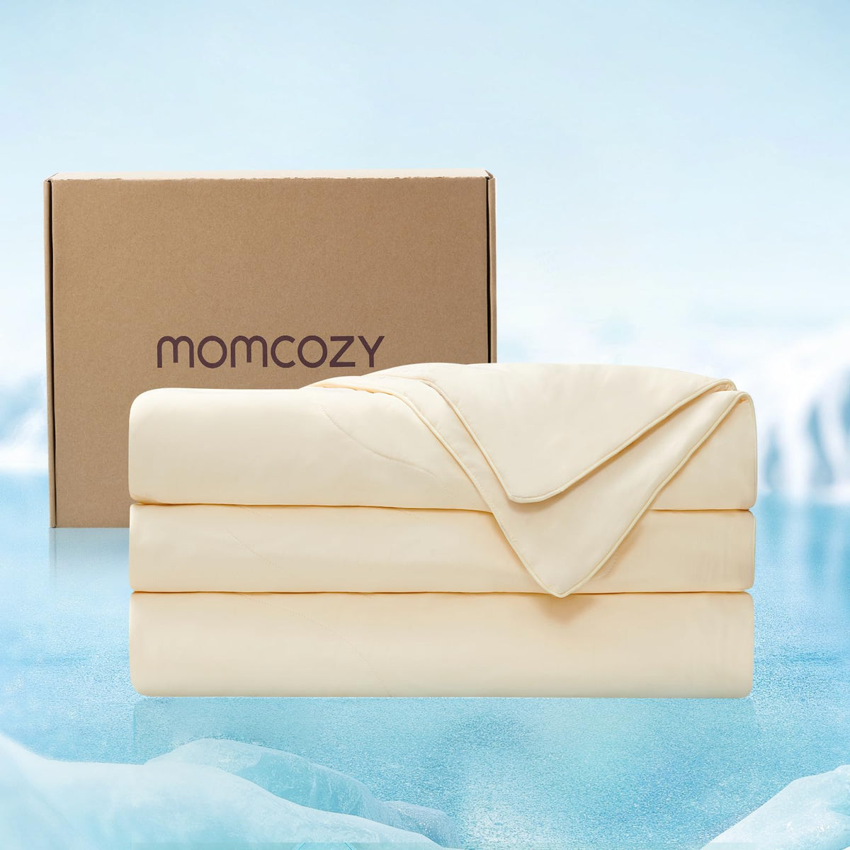Momcozy coolmurm front view showing full king comforter and cooling benefits