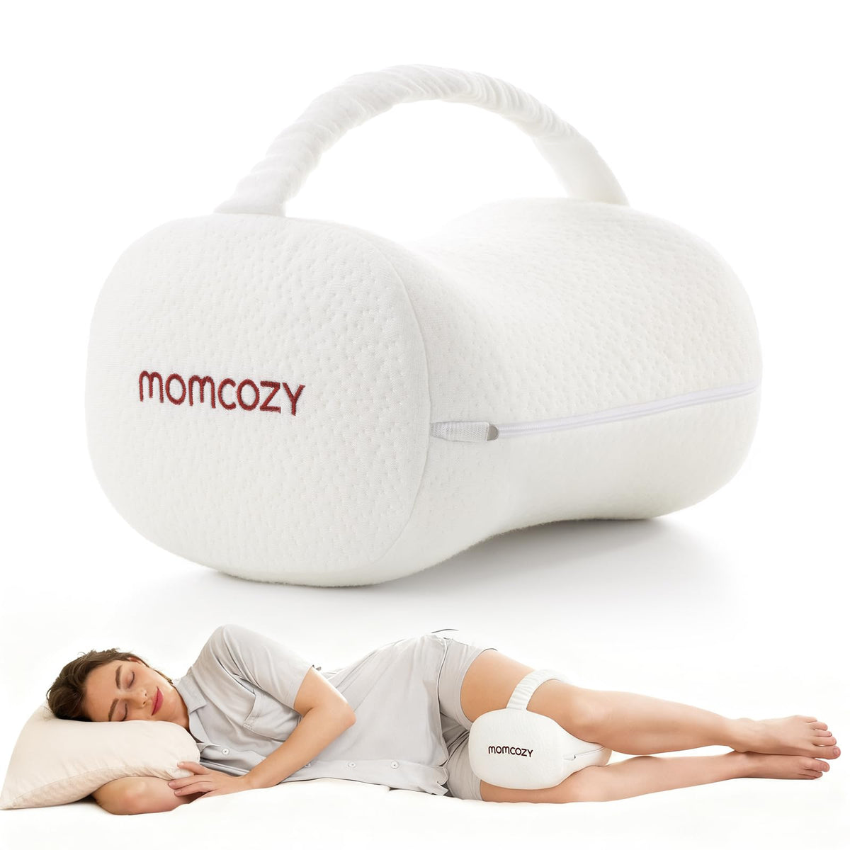 Momcozy knee pillow front view showing shape and comfort