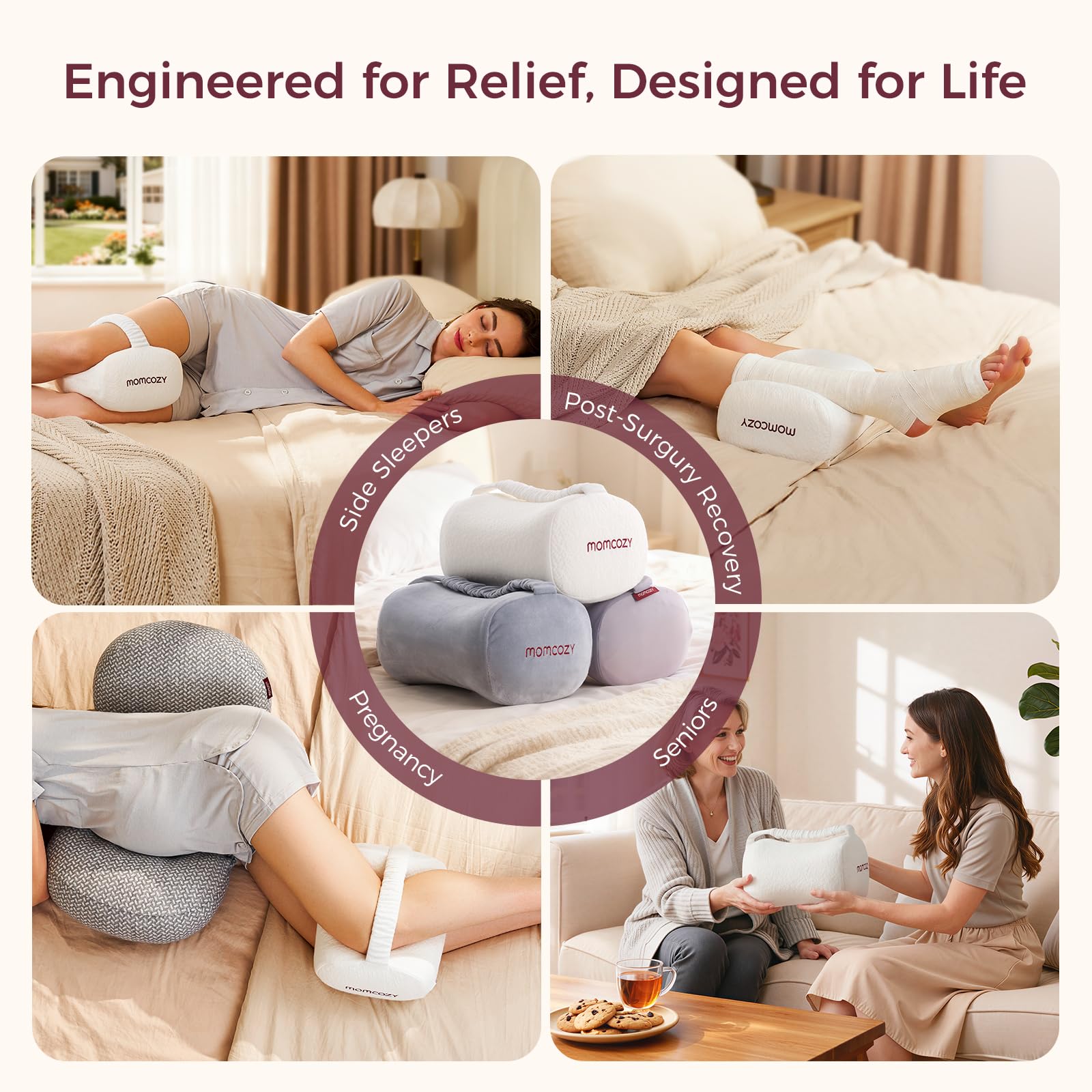 Momcozy pillow packed in travel bag for portable leg support