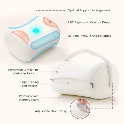 Momcozy pillow placed on bed illustrating better side-sleeping posture