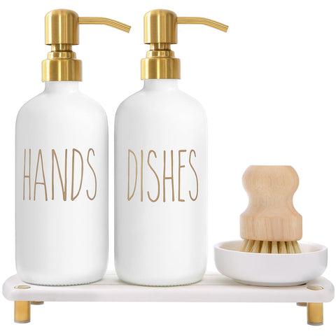 MOMEEMO front view of gold and white soap dispenser set showing organized sink benefit