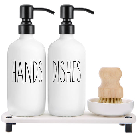 MOMEEMO front view of white soap dispenser set showing neat countertop organization