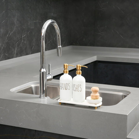 MOMEEMO set staged by sink to show compact organization and easy access