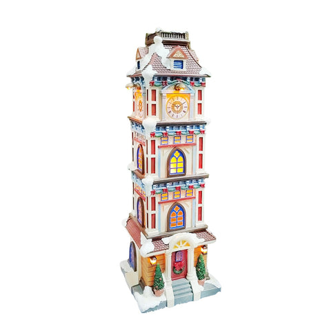 MOMENTS IN TIME clock tower on mantel with decorations showing placement idea