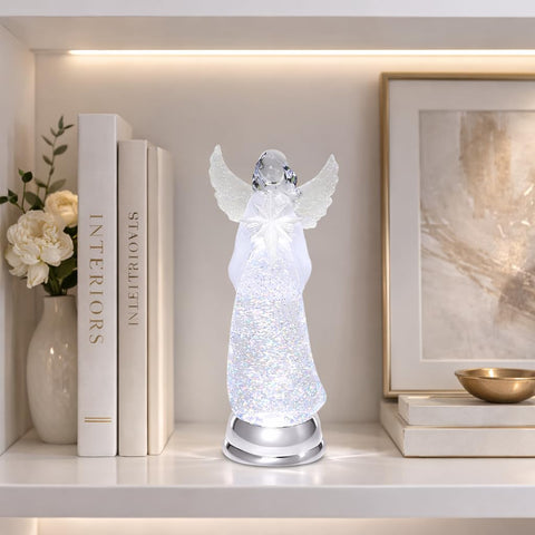 Moments in Time front view of angel globe showing festive centerpiece glow