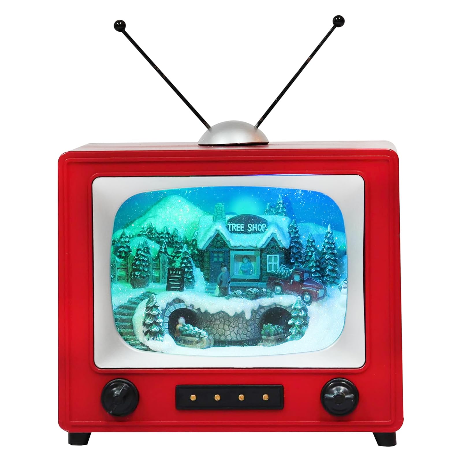 MOMENTS IN TIME red retro TV front view showing vintage design and festive focal point