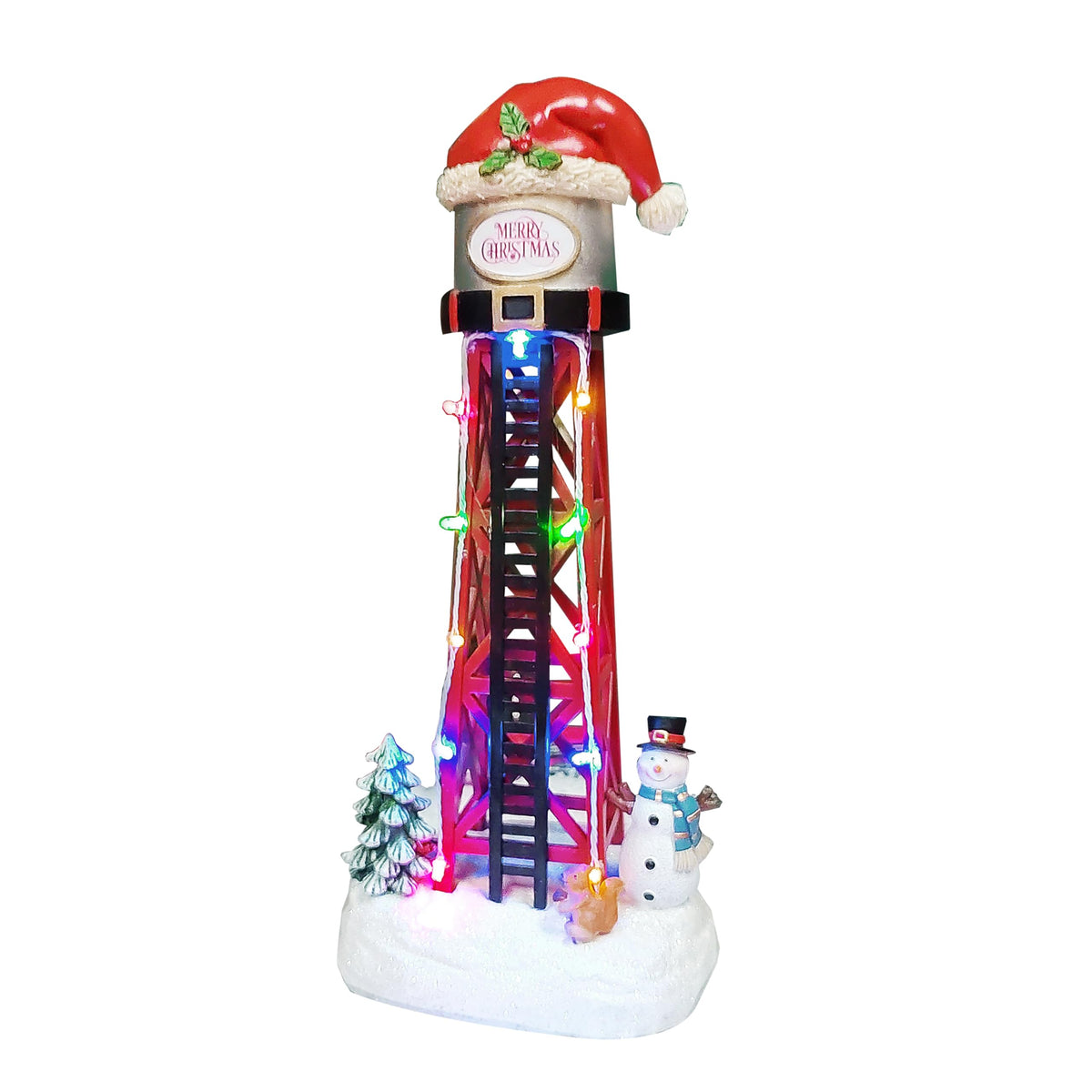MOMENTS IN TIME water tower front view showing festive LEDs and Santa hat, enhances displays