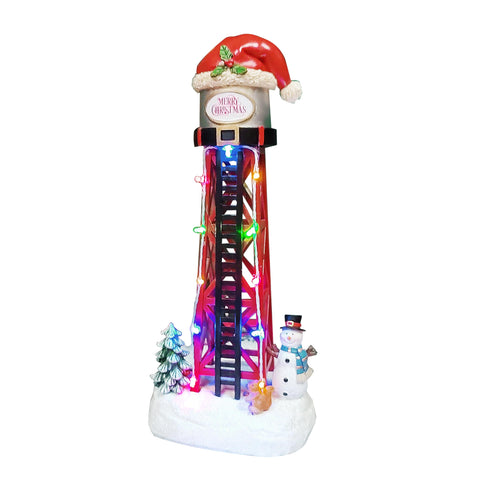 MOMENTS IN TIME water tower front view showing festive LEDs and Santa hat, enhances displays
