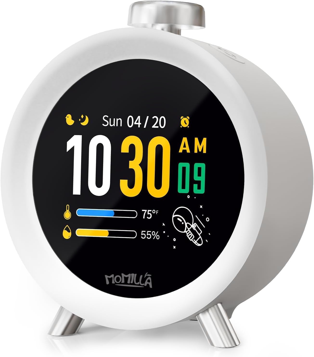MOMILLA front display showing time date and temperature for clear bedside viewing